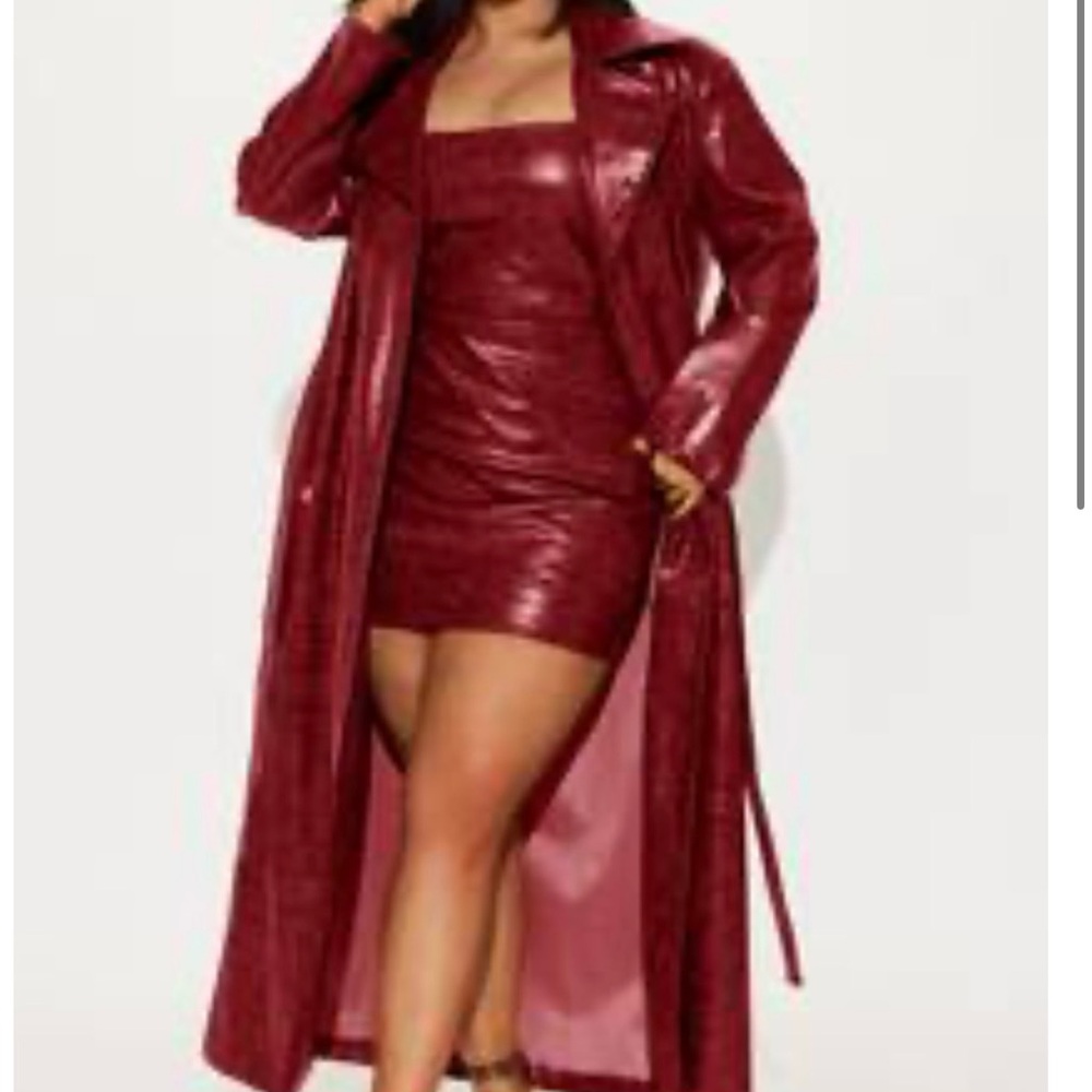 Wine/Red Faux Leather Trench Coat and mini dress set